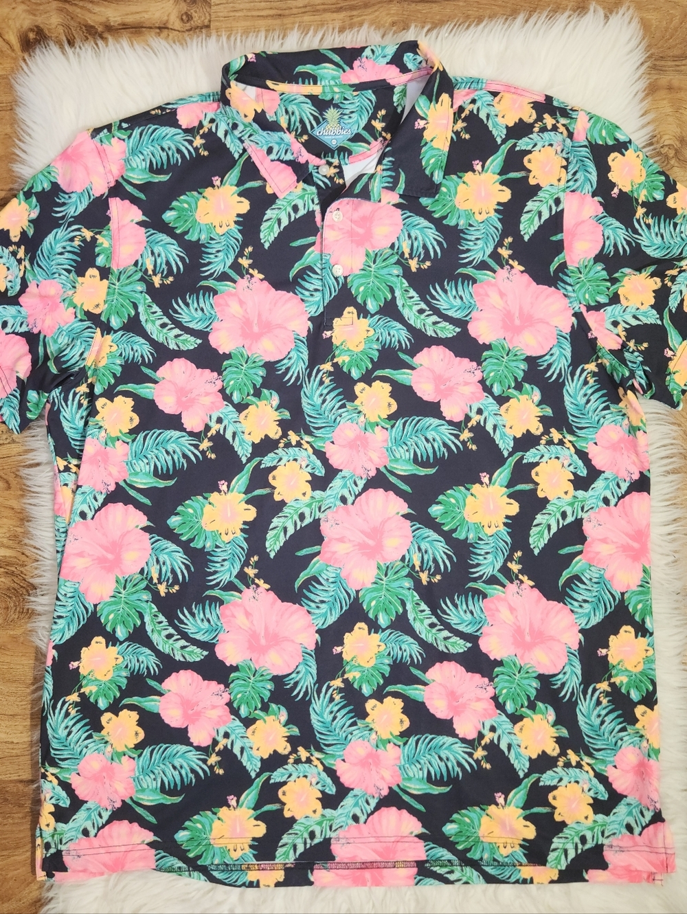 Chubbies Black Hibiscus Hawaiian Polo Shiet 2XL